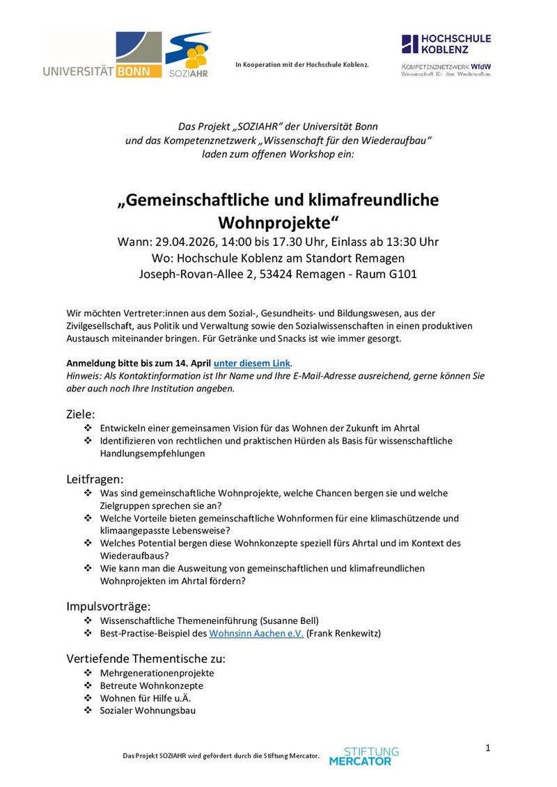 Einladung zum Workshop - Gemeinschaftliche und Klimafreundliche Wohnprojekte